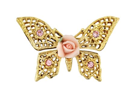 1928 Jewelry® Gold-Tone Pink Crystal And Porcelain Rose Butterfly Brooch Sale