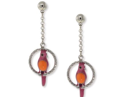 1928 Jewelry® Pewter Hoops With Orange & Pink Enamel Parrot Drop Chain Earrings on Sale