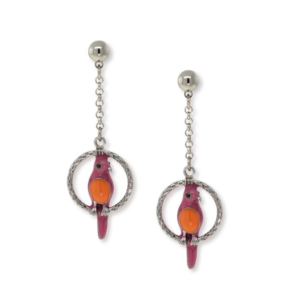 1928 Jewelry® Pewter Hoops With Orange & Pink Enamel Parrot Drop Chain Earrings on Sale