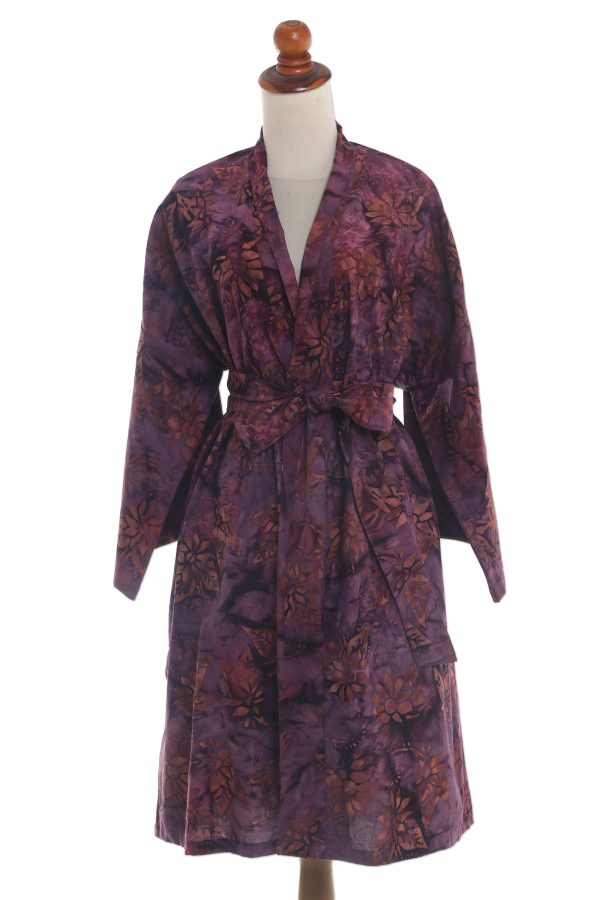 Twilight Bloom Purple and Brown Cotton Hand Crafted Batik Short Robe For Sale