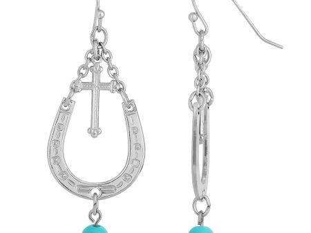 1928 Jewelry® Silver-Tone With Imitation Turquoise Accent Horseshoe And Cross Drop Earrings on Sale