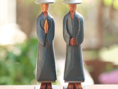 Agrarian Duo Hand Carved Dark Green Robed Wood Farmer Statuettes (Pair) Online Sale