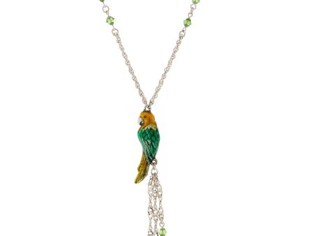 1928 Jewelry® Silver Tone Green & Yellow Enamel Parrot With Green Beads  Necklace 16 Adj. For Sale