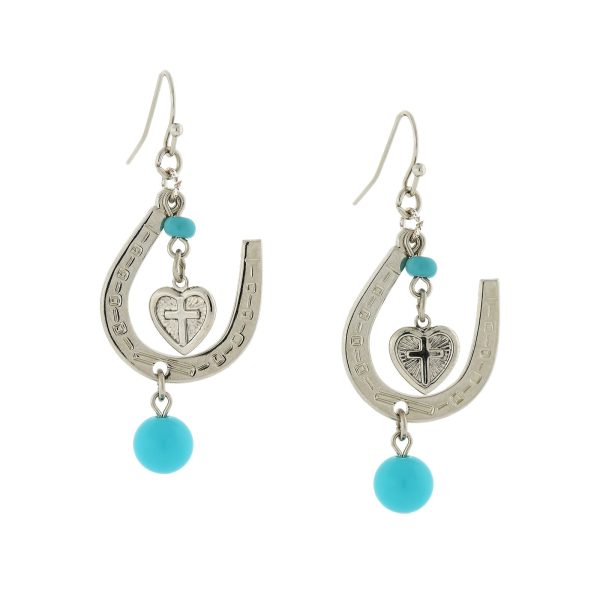 1928 Jewelry® Silver-Tone Imitiation Turquoise Horseshoe And Suspended Heart Drop Earrings Hot on Sale